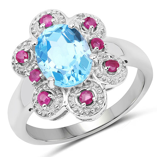 2.28 Carat Genuine Swiss Blue Topaz and Ruby .925 Sterling Silver Ring by Bids.com