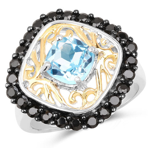 Two Tone Plated 2.85 Carat Genuine Swiss Blue Topaz and Black Spinel .925 Sterling Silver Ring by Bids.com