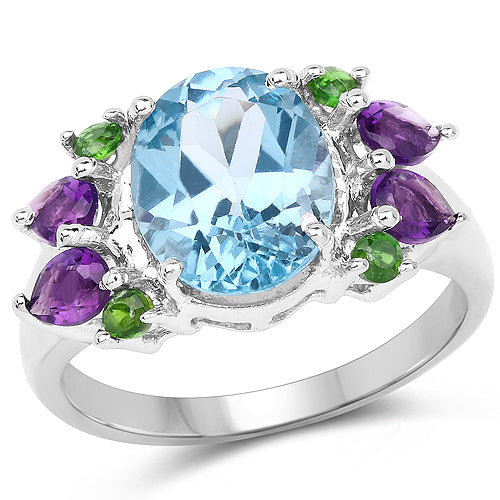 4.00 Carat Genuine Swiss Blue Topaz, Chrome Diopside & Amethyst .925 Sterling Silver Ring DestGlow