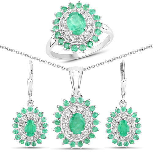 6.53 Carat Genuine Zambian Emerald and White Topaz .925 Sterling Silver 3 Piece Jewelry Set (Ring, Earrings, and Pendant w/ Chain) by Bids.com