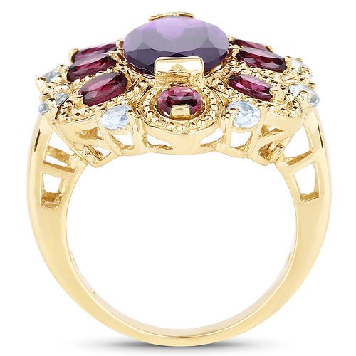 14K Yellow Gold Plated 6.80 Carat Genuine Amethyst, Rhodolite & Blue Topaz .925 Sterling Silver Ring by Bids.com