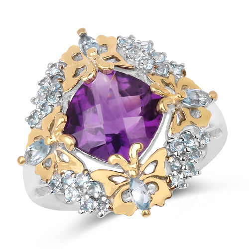 Two Tone Plated 4.45 Carat Genuine Amethyst & Blue Topaz .925 Sterling Silver Ring DestGlow