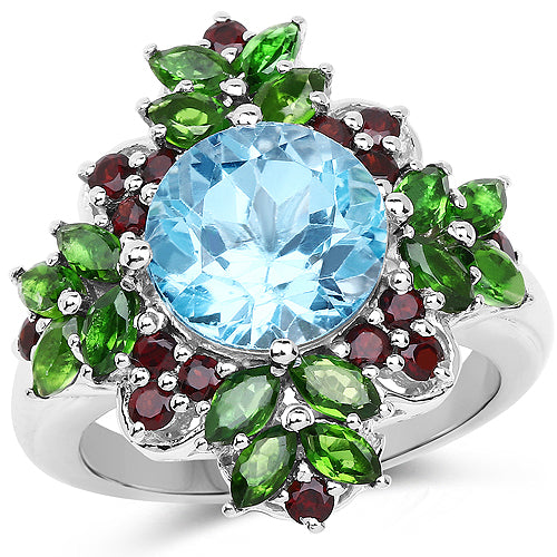 5.76 Carat Genuine Blue Topaz, Chrome Diopside & Garnet .925 Sterling Silver Ring by Bids.com