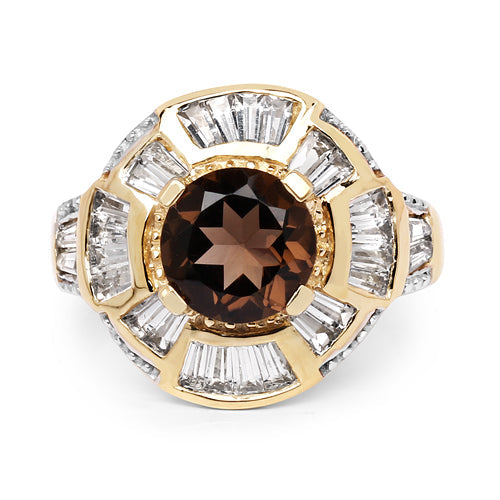 14K Yellow Gold Plated 4.18 Carat Genuine Smoky Quartz & White Topaz .925 Sterling Silver Ring DestGlow