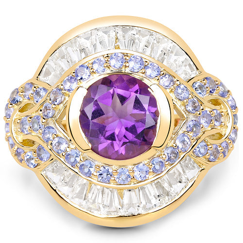 14K Yellow Gold Plated 3.93 Carat Genuine Amethyst, Tanzanite and White Topaz .925 Sterling Silver Ring by Bids.com