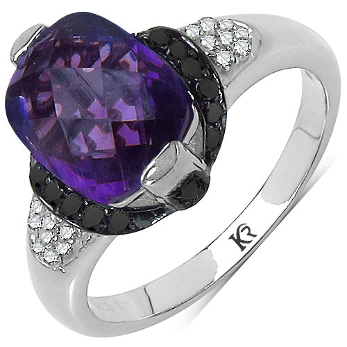 3.71 Carat Genuine Amethyst, Black Diamond & White Diamond .925 Sterling Silver Ring by Bids.com
