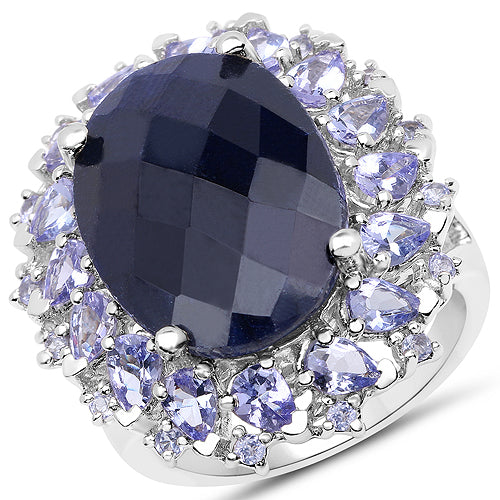 17.81 Carat Dyed Sapphire and Tanzanite .925 Sterling Silver Ring DestGlow