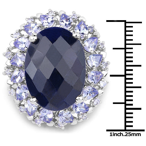 17.81 Carat Dyed Sapphire and Tanzanite .925 Sterling Silver Ring DestGlow