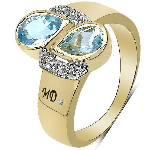 14K Yellow Gold Plated 1.86 Carat Genuine Blue Topaz, White Topaz & White Diamond .925 Sterling Silver Ring by Bids.com