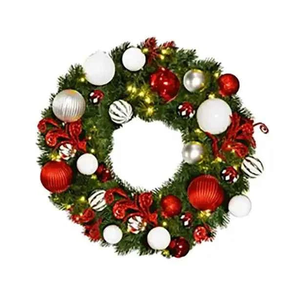 Pre-Decorated Christmas Wreath with Warm White Lights Red/White/Silver