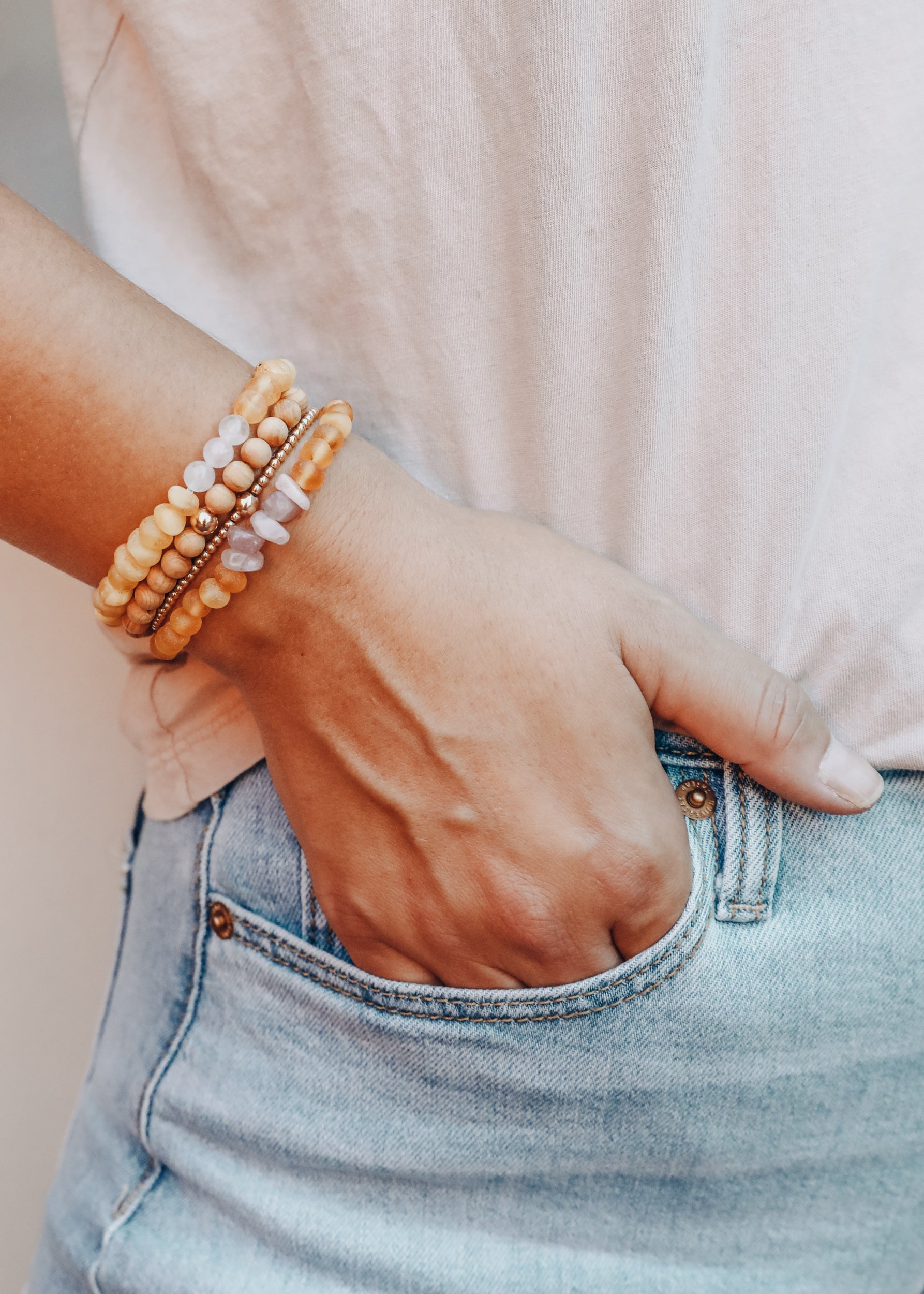 Raw Honey Baltic Amber + Raw Rose Quartz || Adult Bracelet by CanyonLeaf