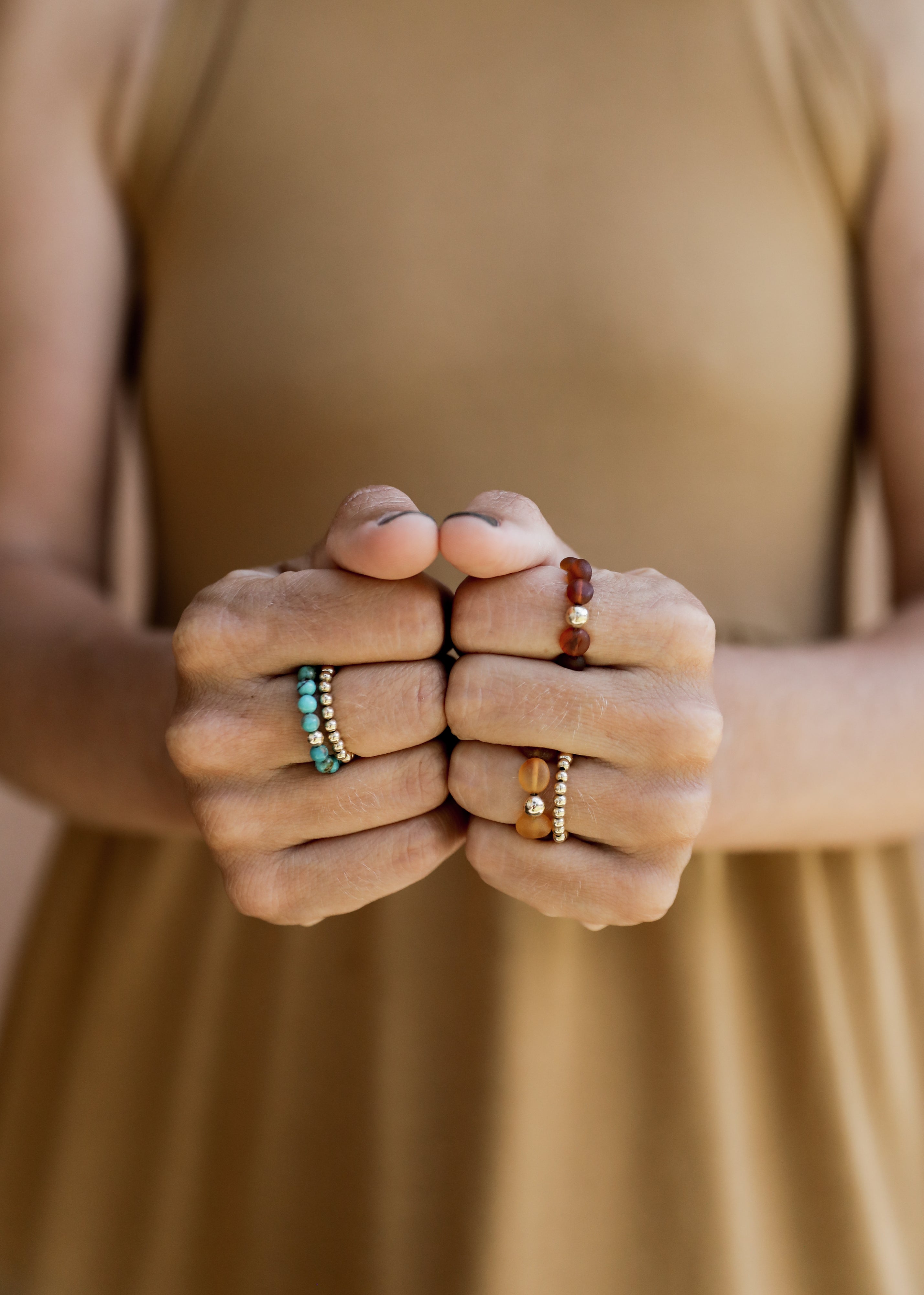 Raw Cognac Baltic Amber + 14K Gold Filled Beaded Ring Stack by CanyonLeaf