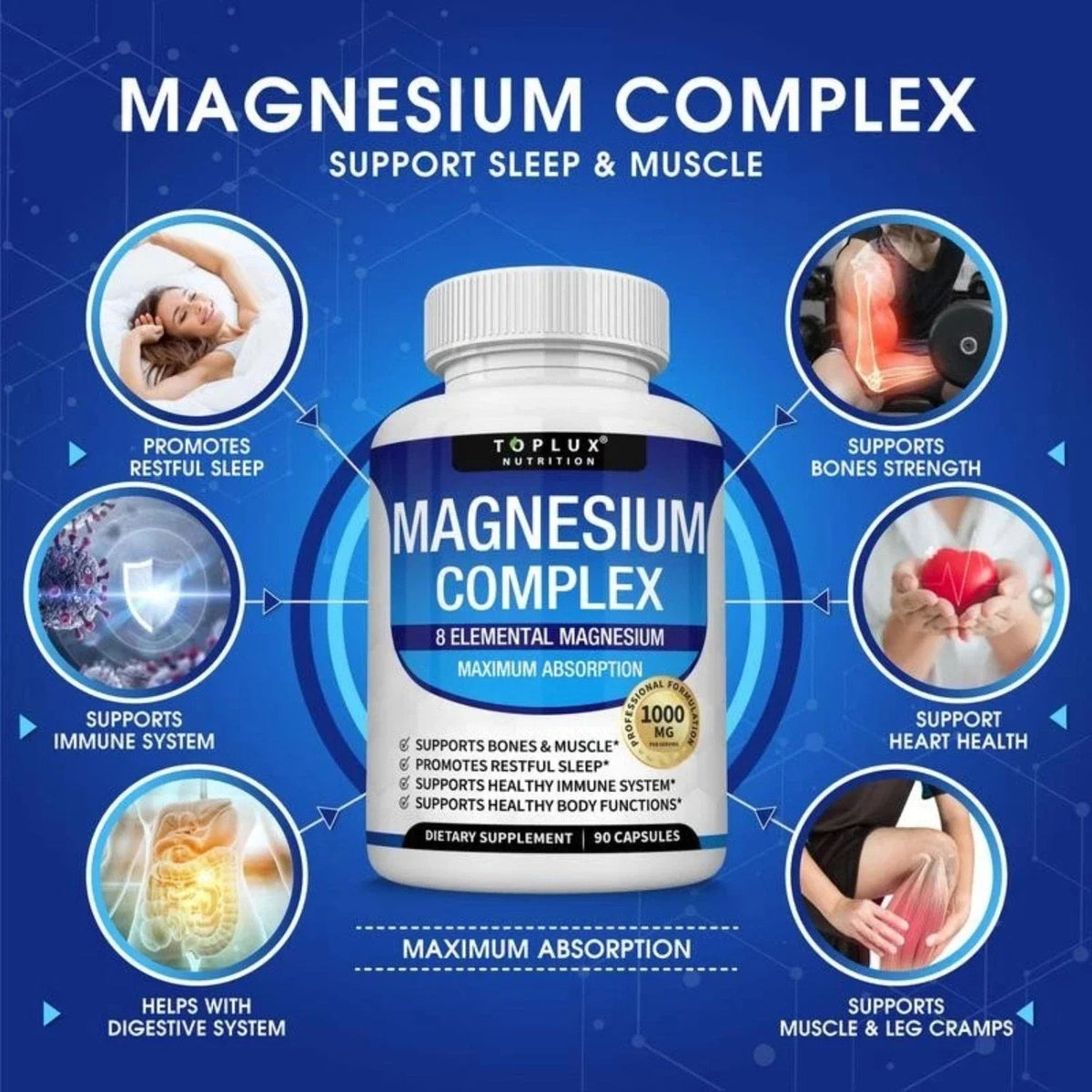 Magnesium Complex Supplement 8 Elemental 1000mg - Magnesium Glycinate, Citrate, Malate, Taurate, Chelated for Easy Absorption for Bones, Muscle, Recovery, Energy, Vegan Non-GMO 90 Capsules DestGlow