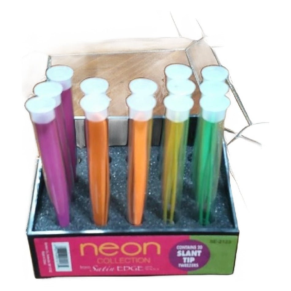 Satin Edge Neon Collection Slant Tip Tweezers - 20 Pc Display
