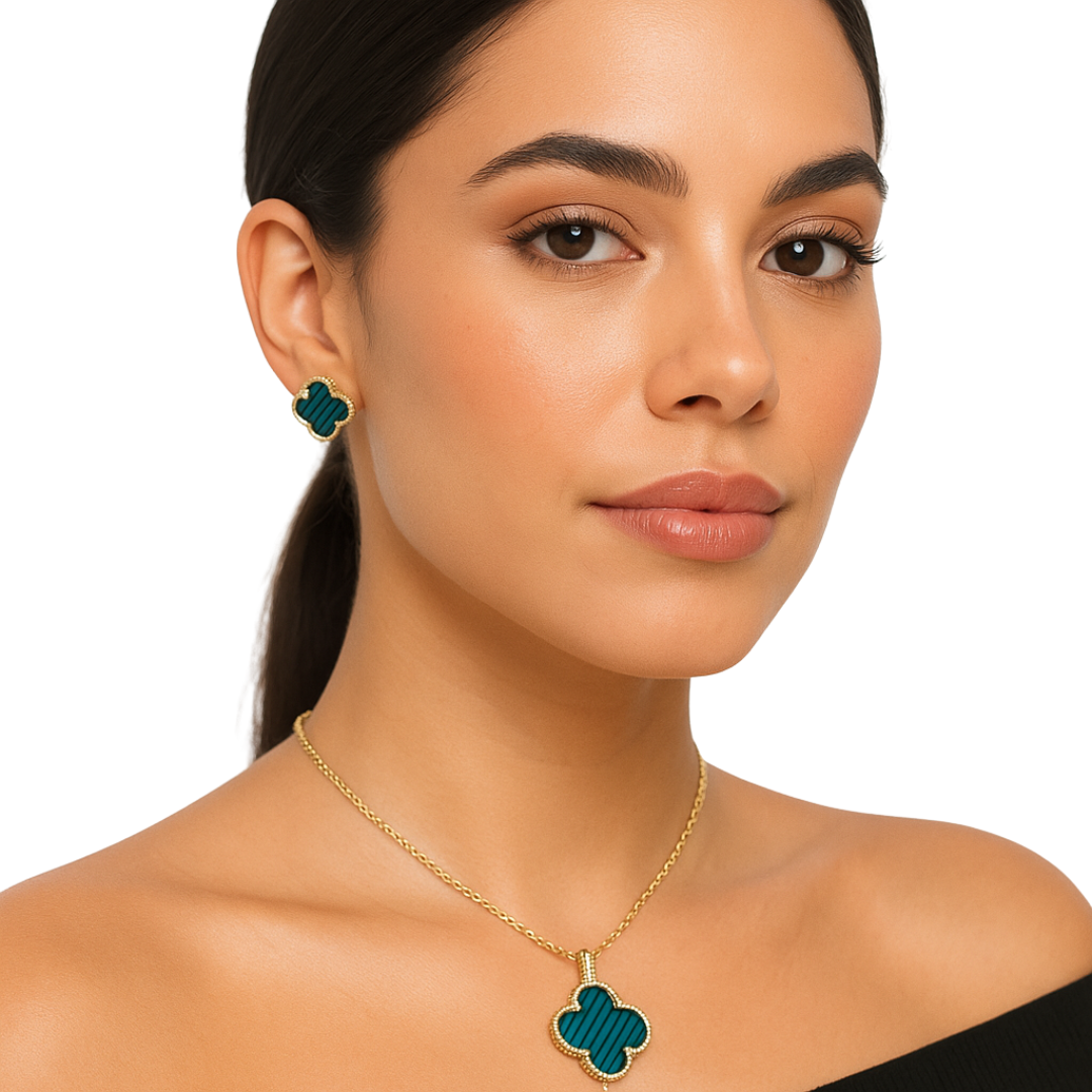 Fortuna Clover Enamel Necklace & Earrings Jewelry Set by Farmacias Savia