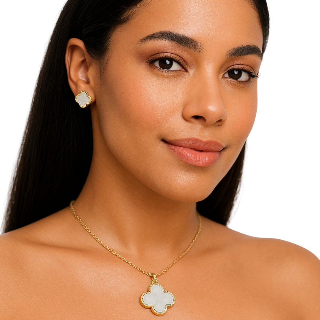 Isabella White Clover Enamel Necklace & Earrings Jewelry Set by Farmacias Savia