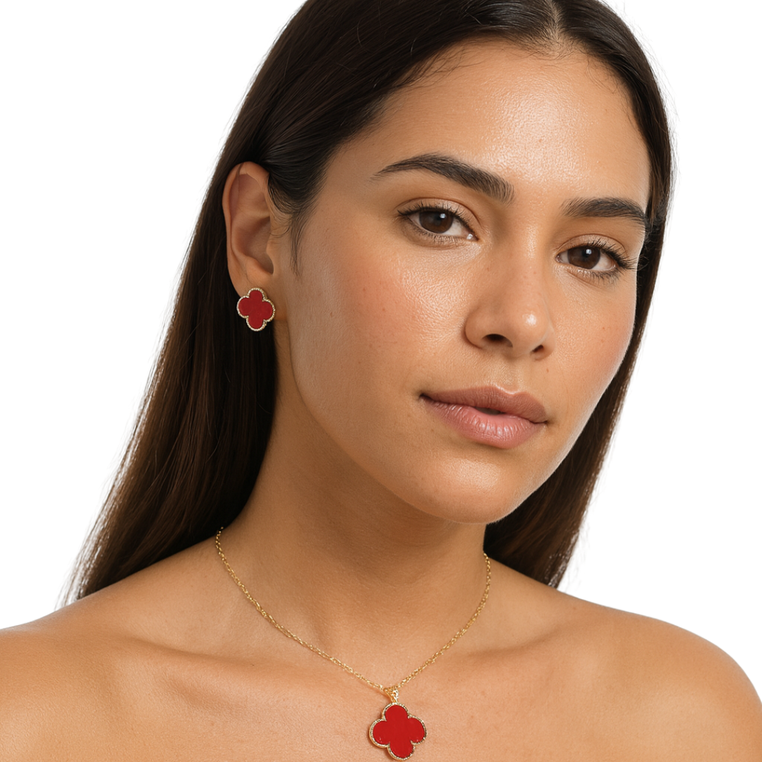 Pasión Red Clover Enamel Necklace & Earrings Jewelry Set by Farmacias Savia