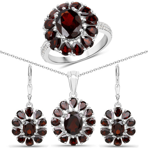13.82 Carat Genuine Garnet and White Topaz .925 Sterling Silver 3 Piece Jewelry Set (Ring, Earrings, and Pendant w/ Chain) by Bids.com