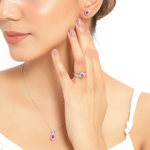 2.46 Carat Genuine Ruby and White Topaz .925 Sterling Silver 3 Piece Jewelry Set (Ring, Earrings, and Pendant w/ Chain) DestGlow