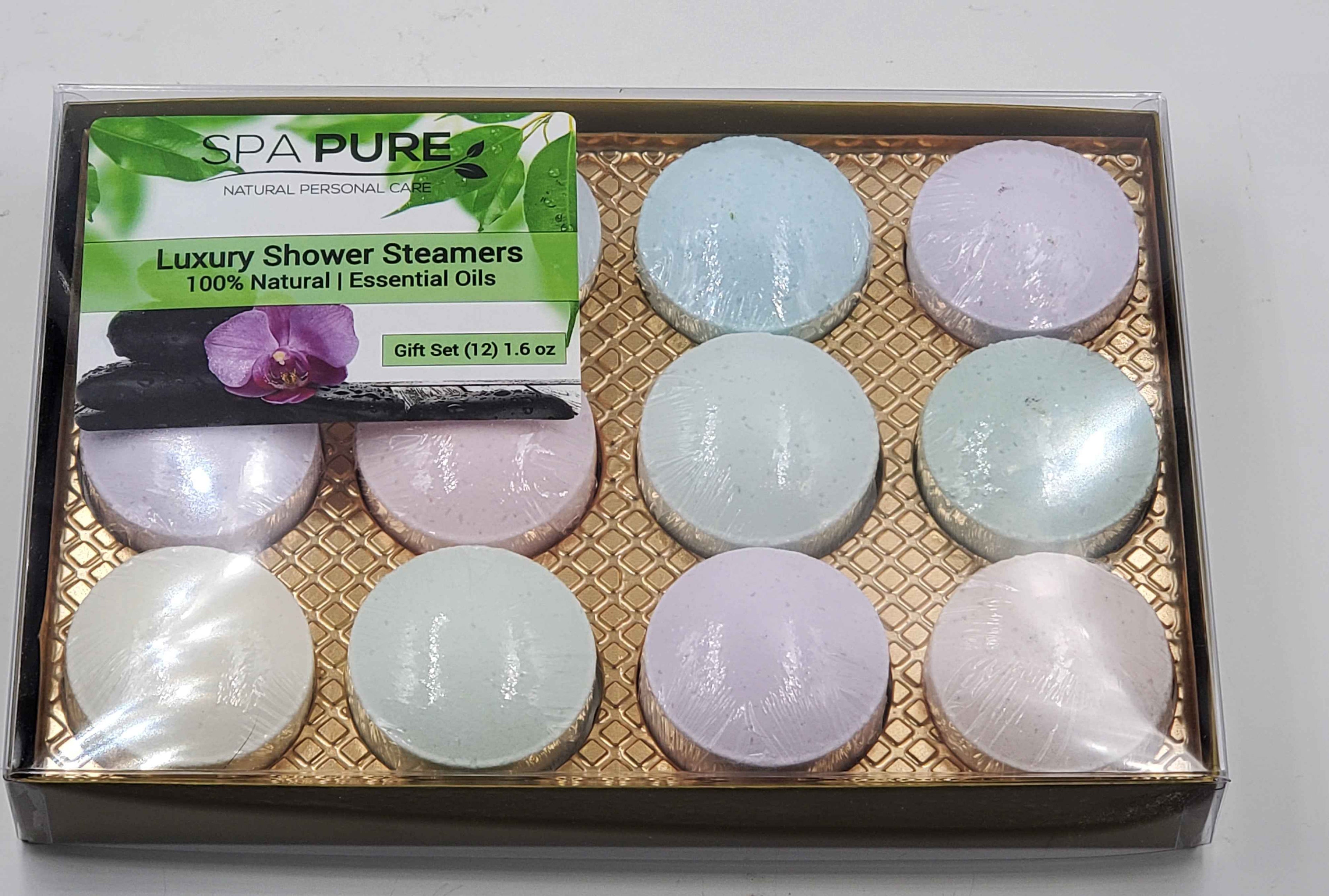 12 Aromatherapy Shower Steamers - NEWEST - Most Popular scents - 100% Essential Oil Blends - individually wrapped 1.6 oz each by Spa Pure