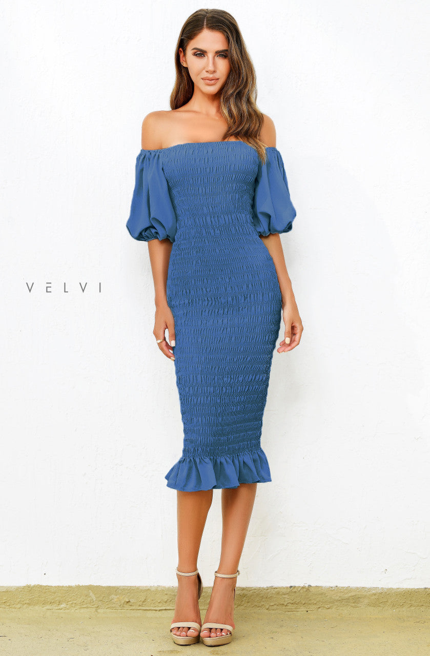 Skyla Shirred Midi Dress - Navy DestGlow
