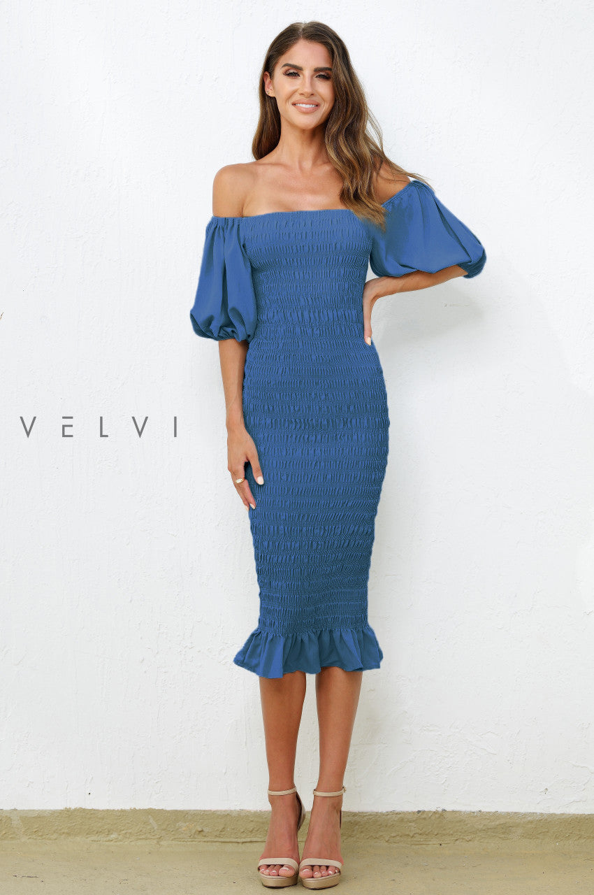 Skyla Shirred Midi Dress - Navy DestGlow