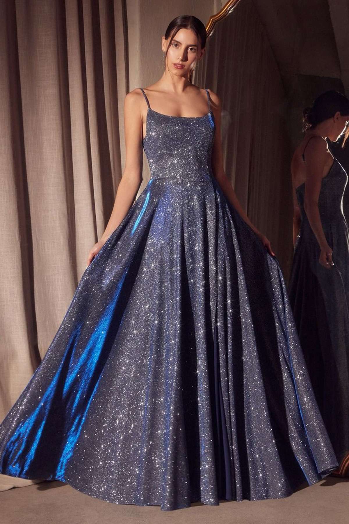 Ladivine Amoris T213 Sleeveless Spaghetti Strap A-Line Glitter Gown by DiscountDressShop