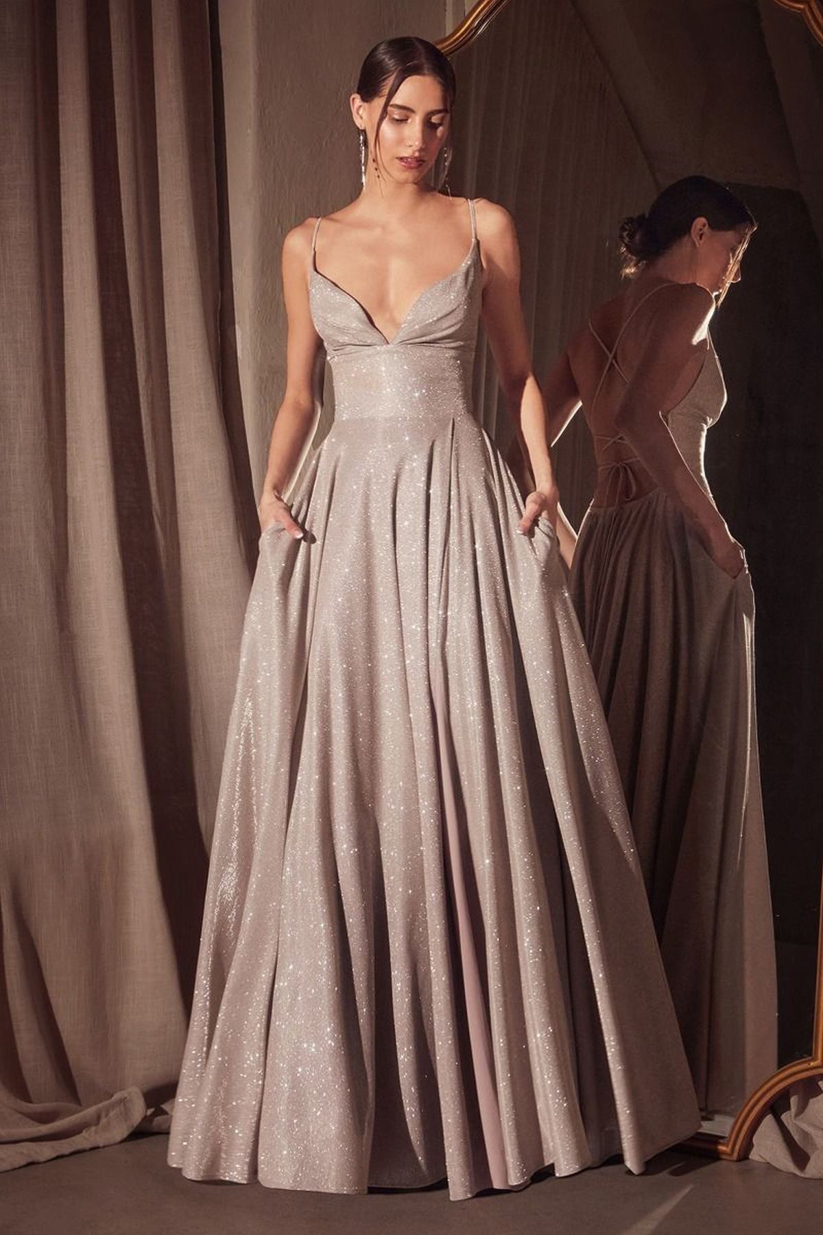 Ladivine Amoris T214 Sleeveless Spaghetti Strap A-Line Glitter Gown by DiscountDressShop