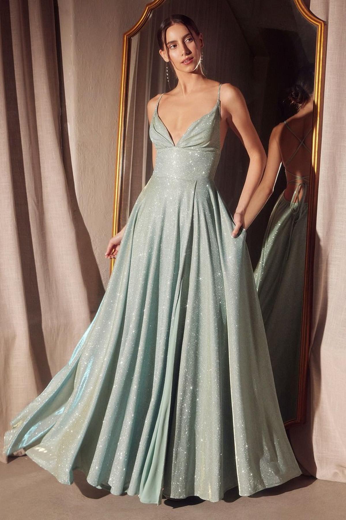 Ladivine Amoris T214 Sleeveless Spaghetti Strap A-Line Glitter Gown by DiscountDressShop