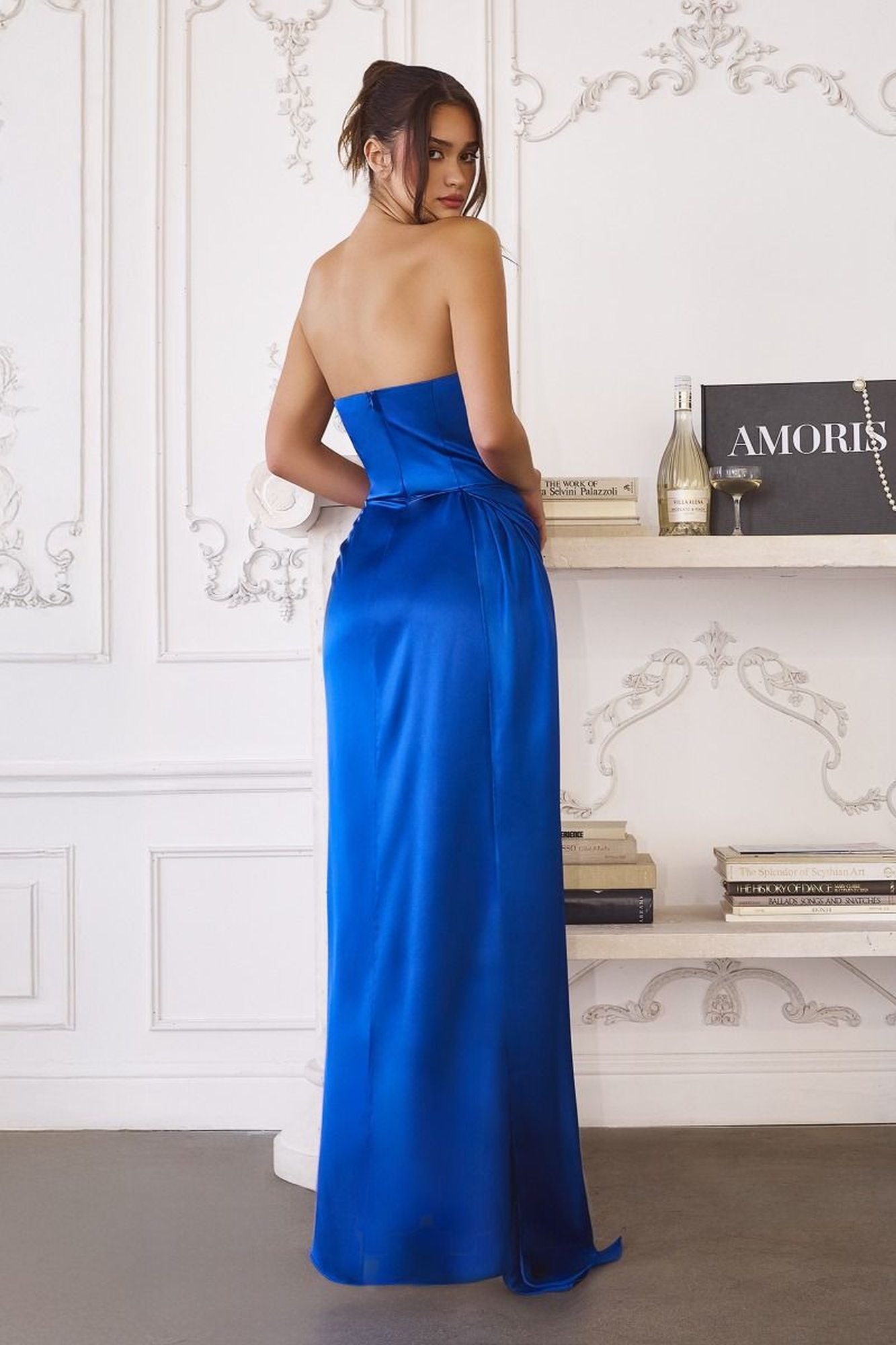 Amoris T215 Fitted Strapless Luxurious Satin Side Sash Evening Dress by DiscountDressShop