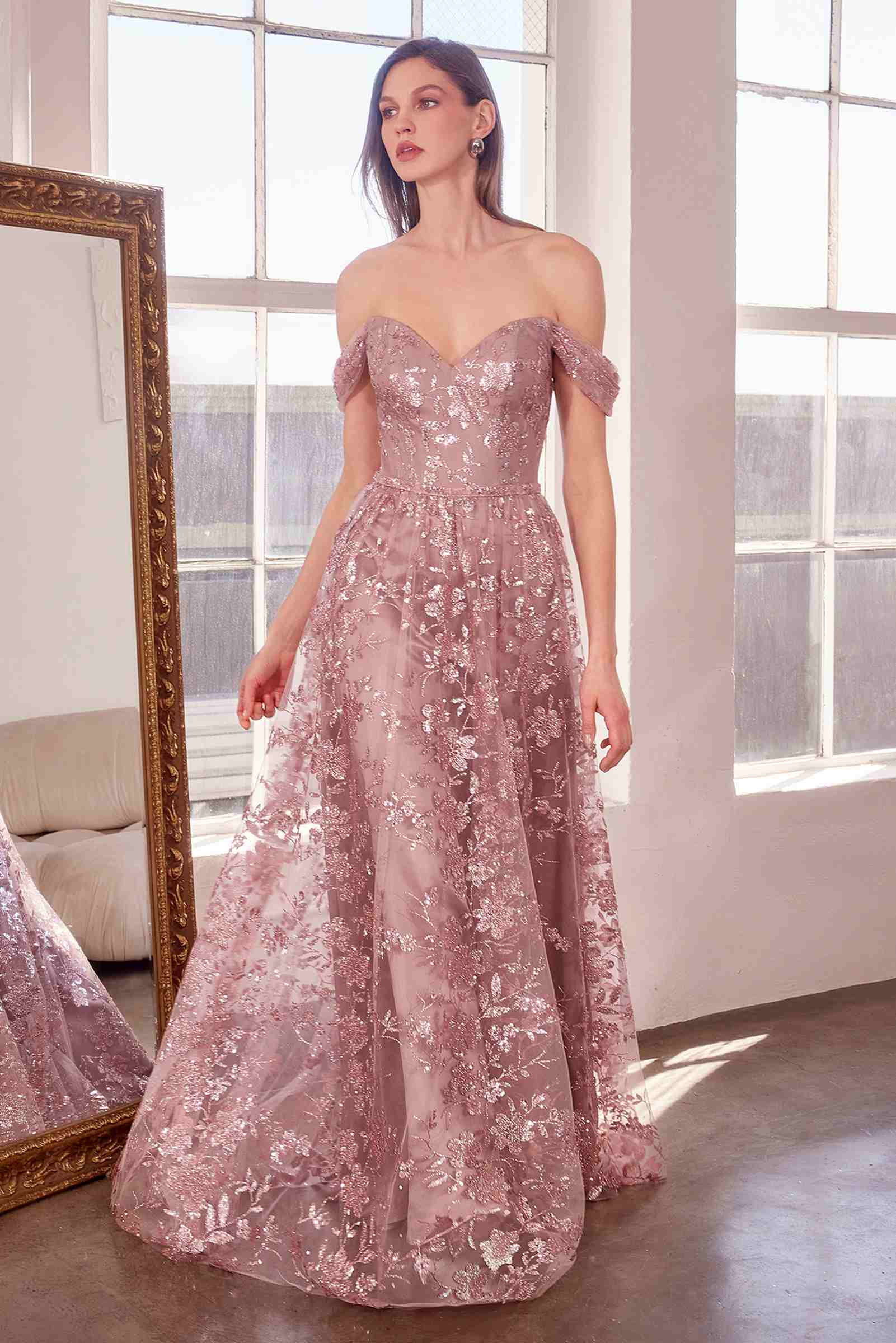 Ladivine Amoris T607 Glitter Print Off the Shoulder A-Line Prom Gown by DiscountDressShop