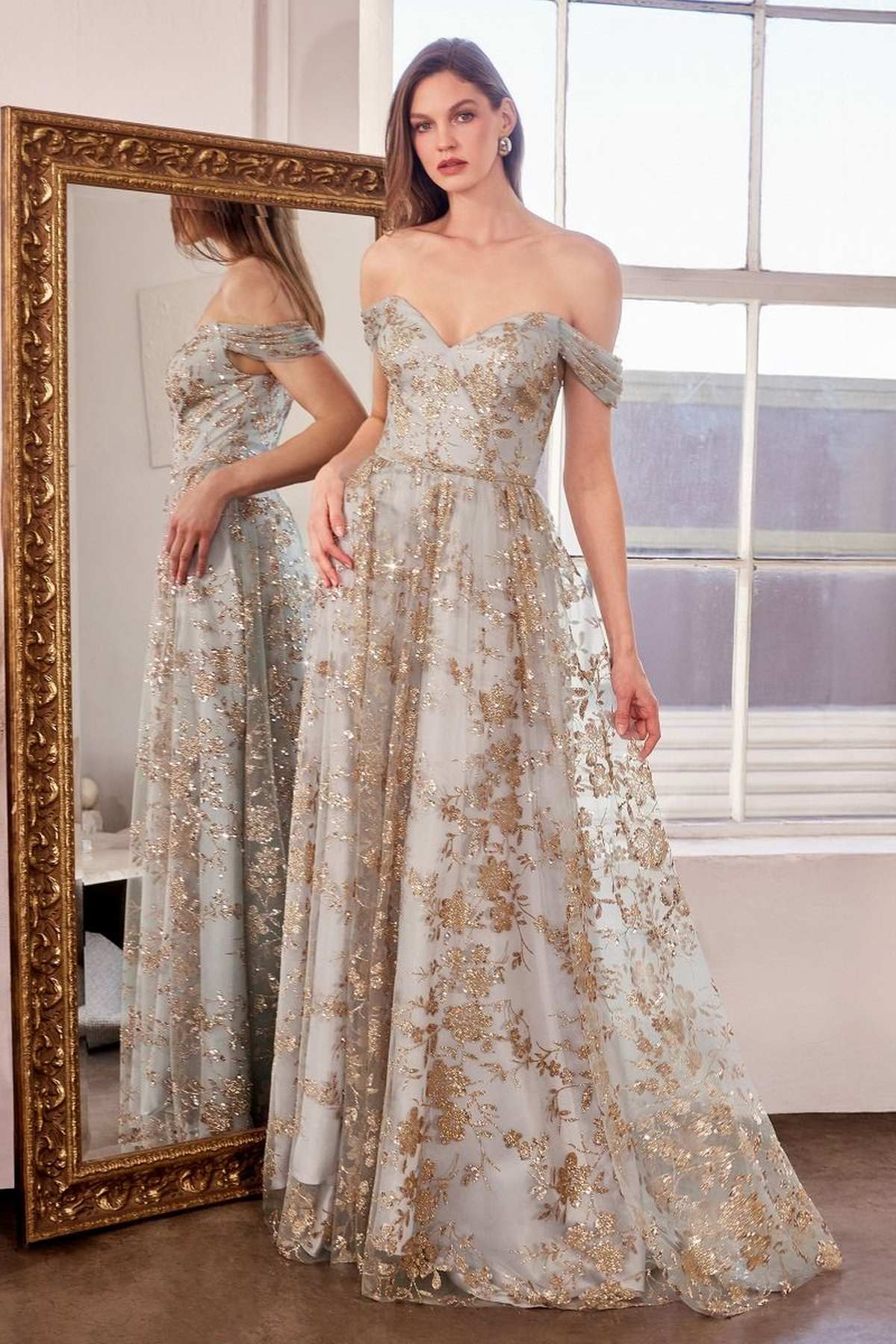 Ladivine Amoris T607 Glitter Print Off the Shoulder A-Line Prom Gown by DiscountDressShop