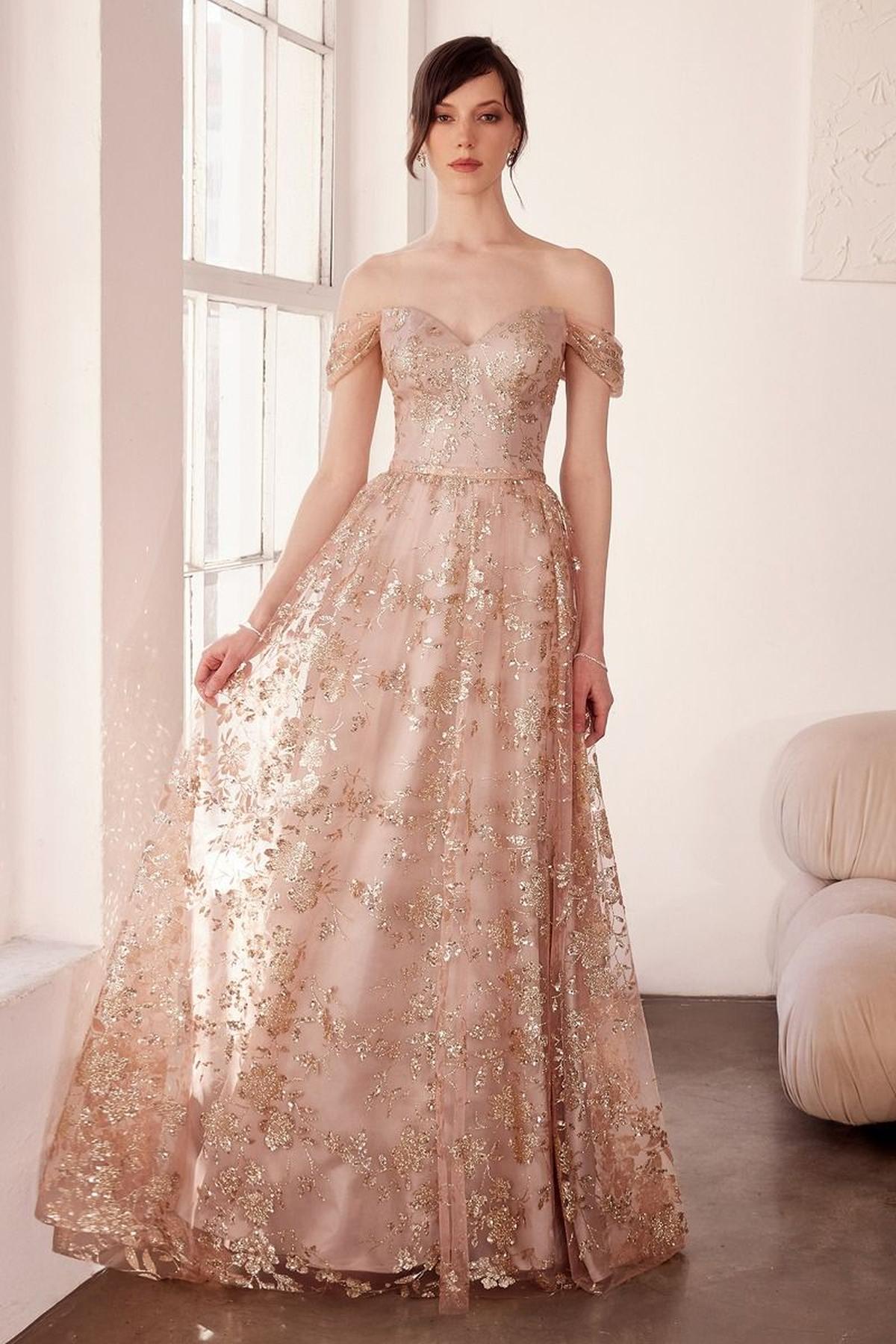 Ladivine Amoris T607 Glitter Print Off the Shoulder A-Line Prom Gown by DiscountDressShop