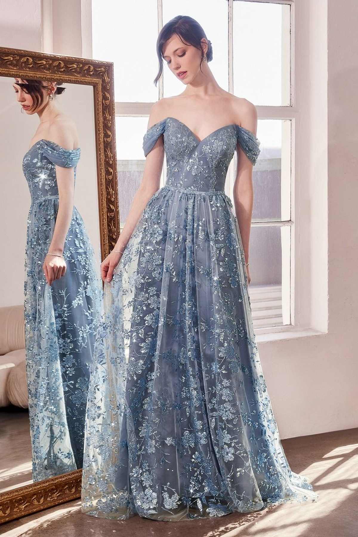 Ladivine Amoris T607 Glitter Print Off the Shoulder A-Line Prom Gown by DiscountDressShop