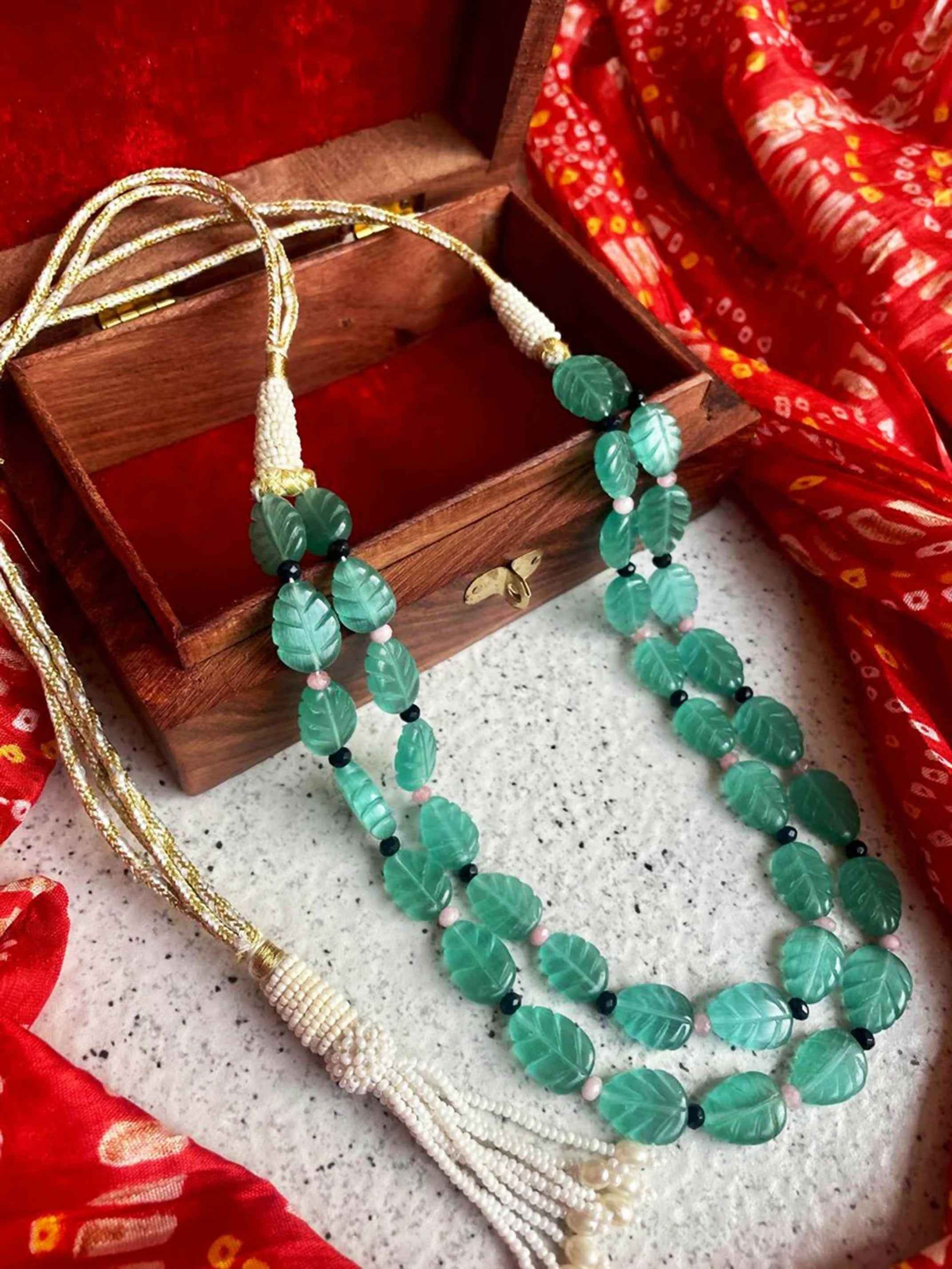 Joban Fashion C.Green Stone Semi Precious Carving Stone Partywear Double Layer Mala
