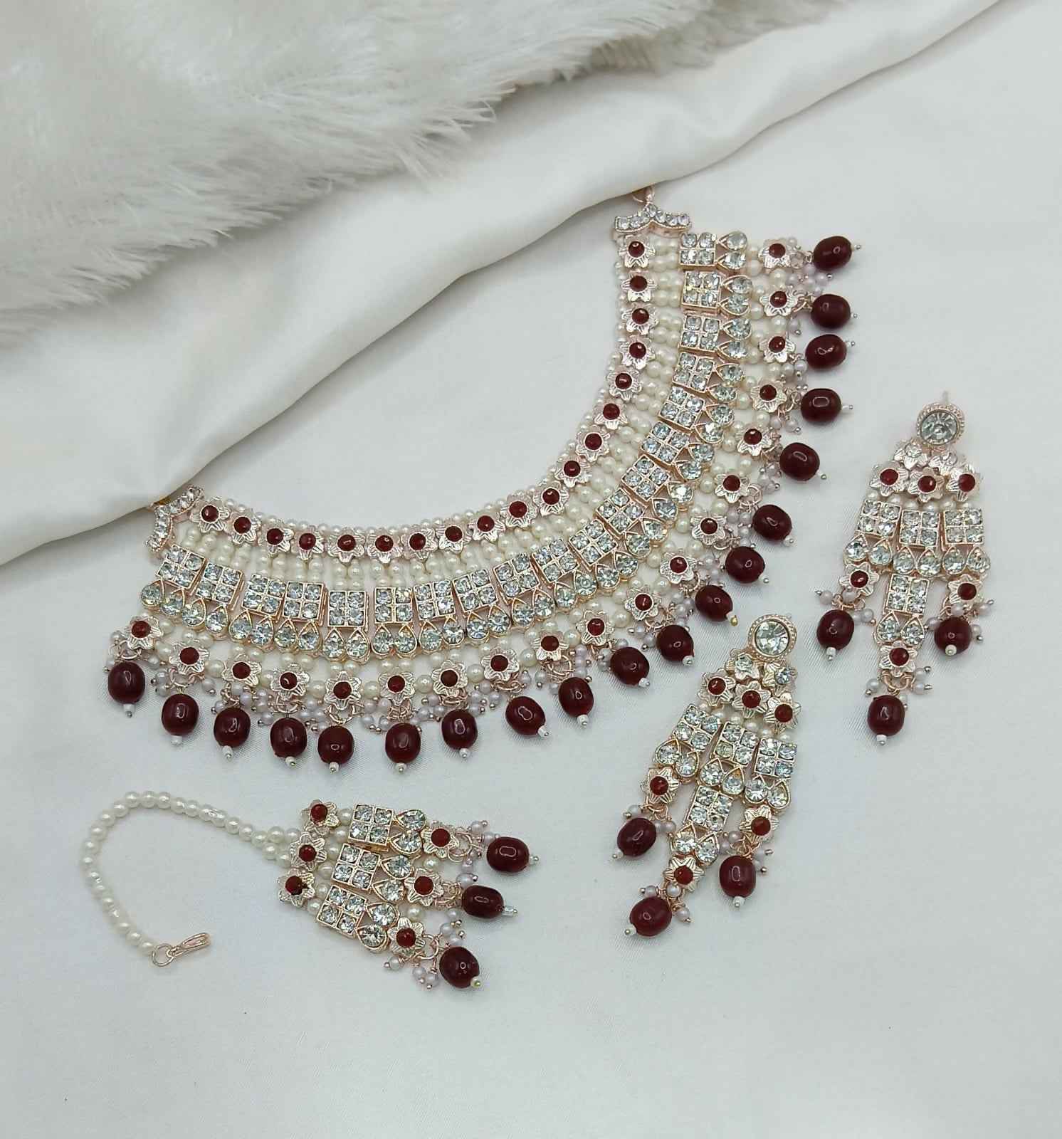 Joban Fashion Maroon Stone With Pearl Work Necklace Set