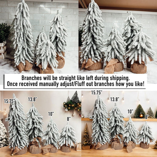 Snow Covered Christmas Trees - Set of 4 Realistic Faux Trees with Jute Base
