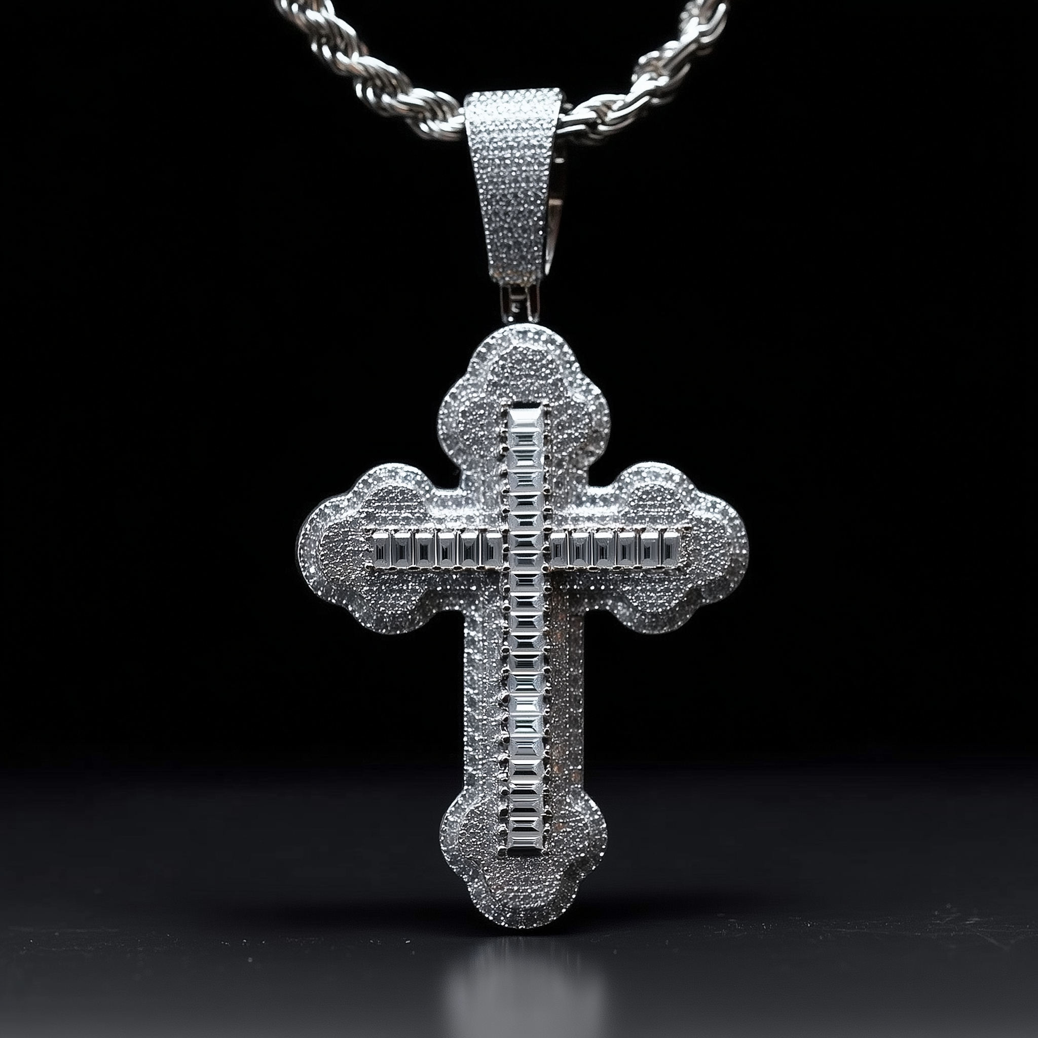 Moissanite Orthodox Cross Pendant - 925 Sterling Silver Baguette Iced Necklace - DestGlow
