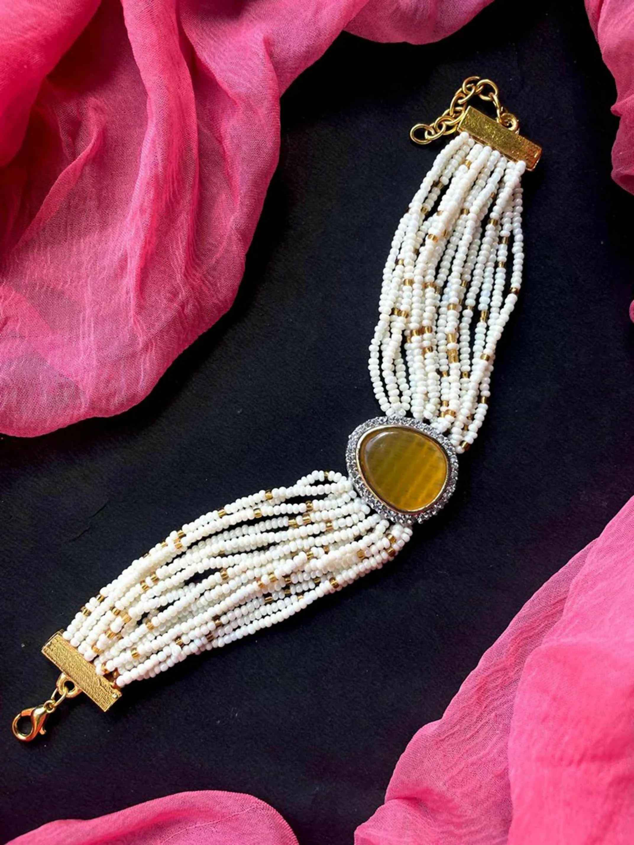 Joban Fashion Musturd Brass Ad With Monalisa Stone Beaded Bracelet