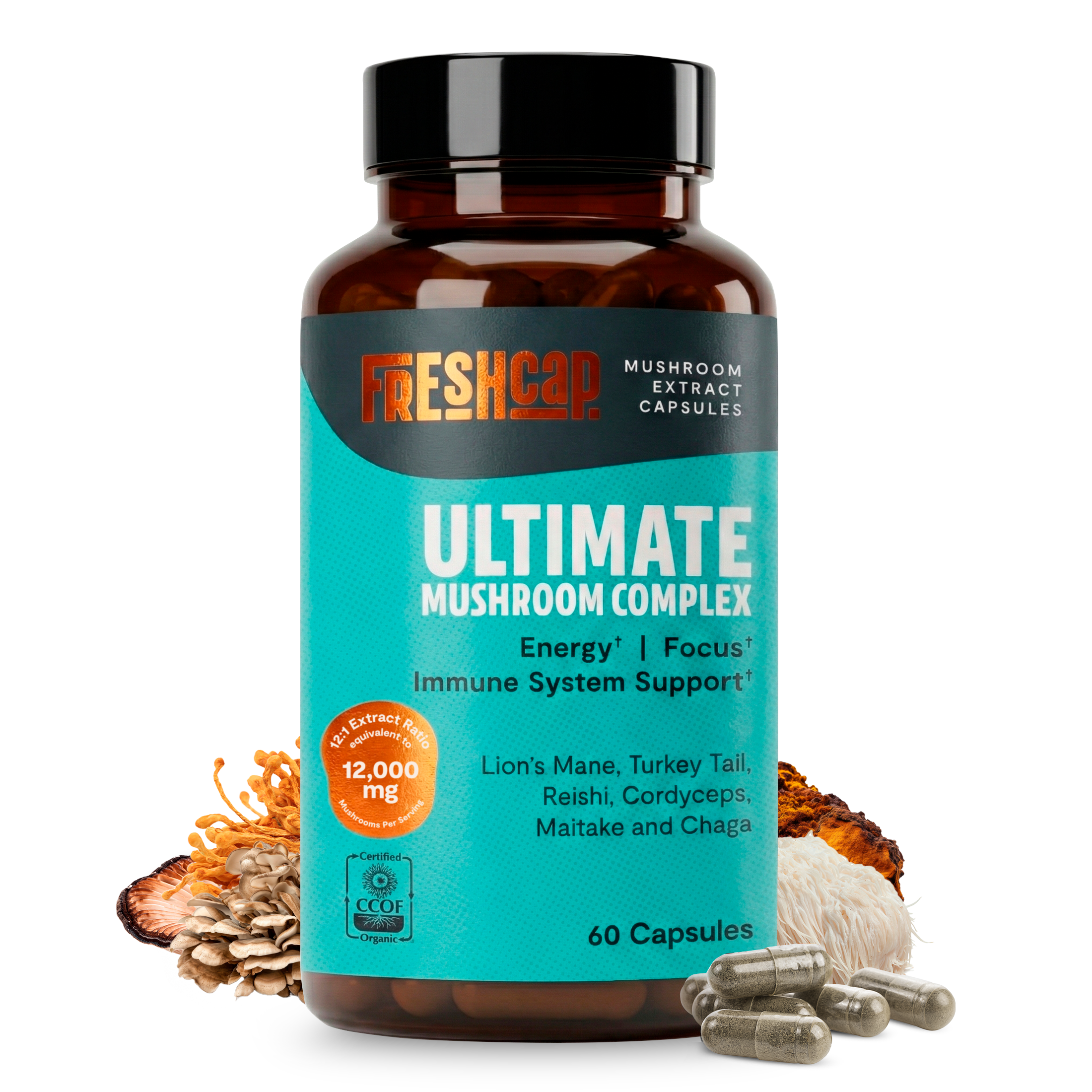 Organic Mushroom Complex Supplement Capsules by FreshCap Mushrooms