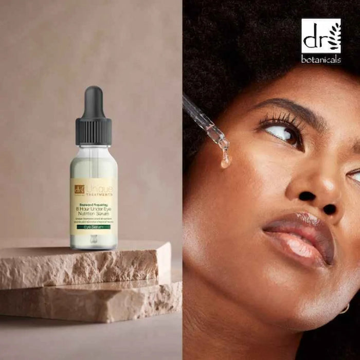 Skincare serum bottle with dropper and a woman applying it to her face, featuring Dr Botanicals branding.