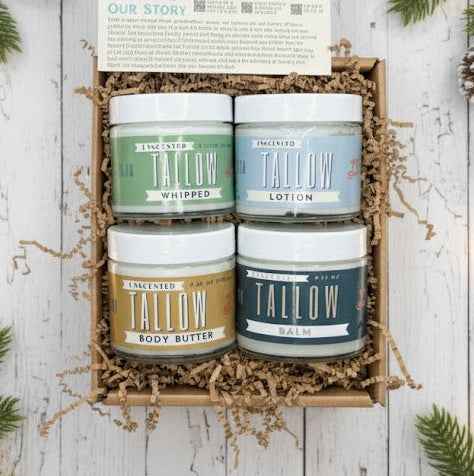 Unscented Tallow Skincare Collection | 4-Piece Gift Set | Grass-Fed Tallow Lotion, Body Butter, Balm & Whipped Moisturizer
