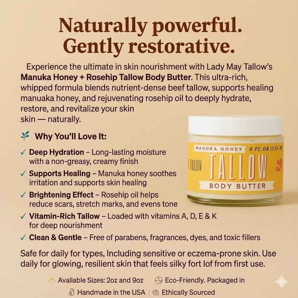 Manuka Honey + Rosehip Tallow Body Butter – Deeply Nourishing & Repairing Natural Skincare