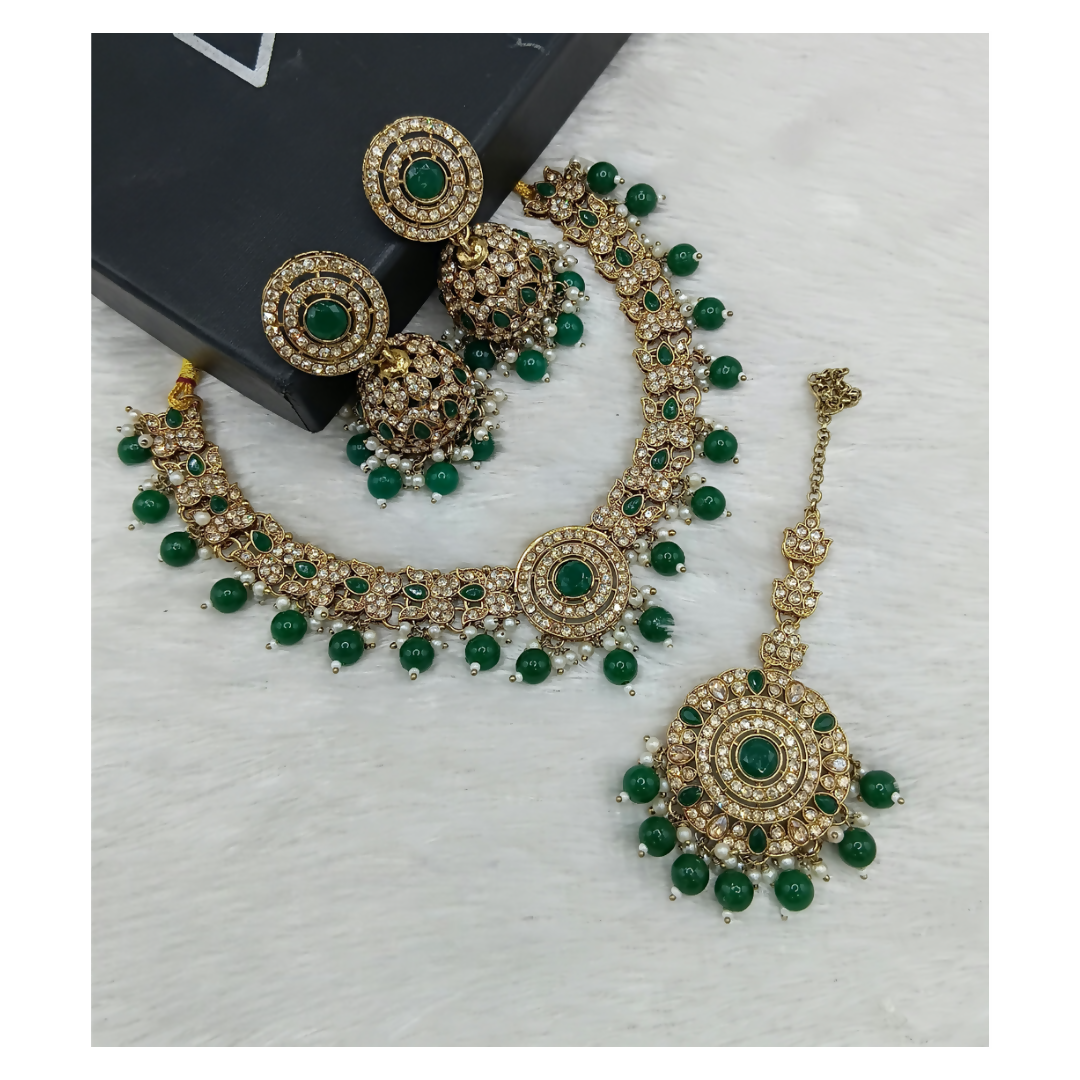 Joban Fashion Green Stone Work Necklace Set
