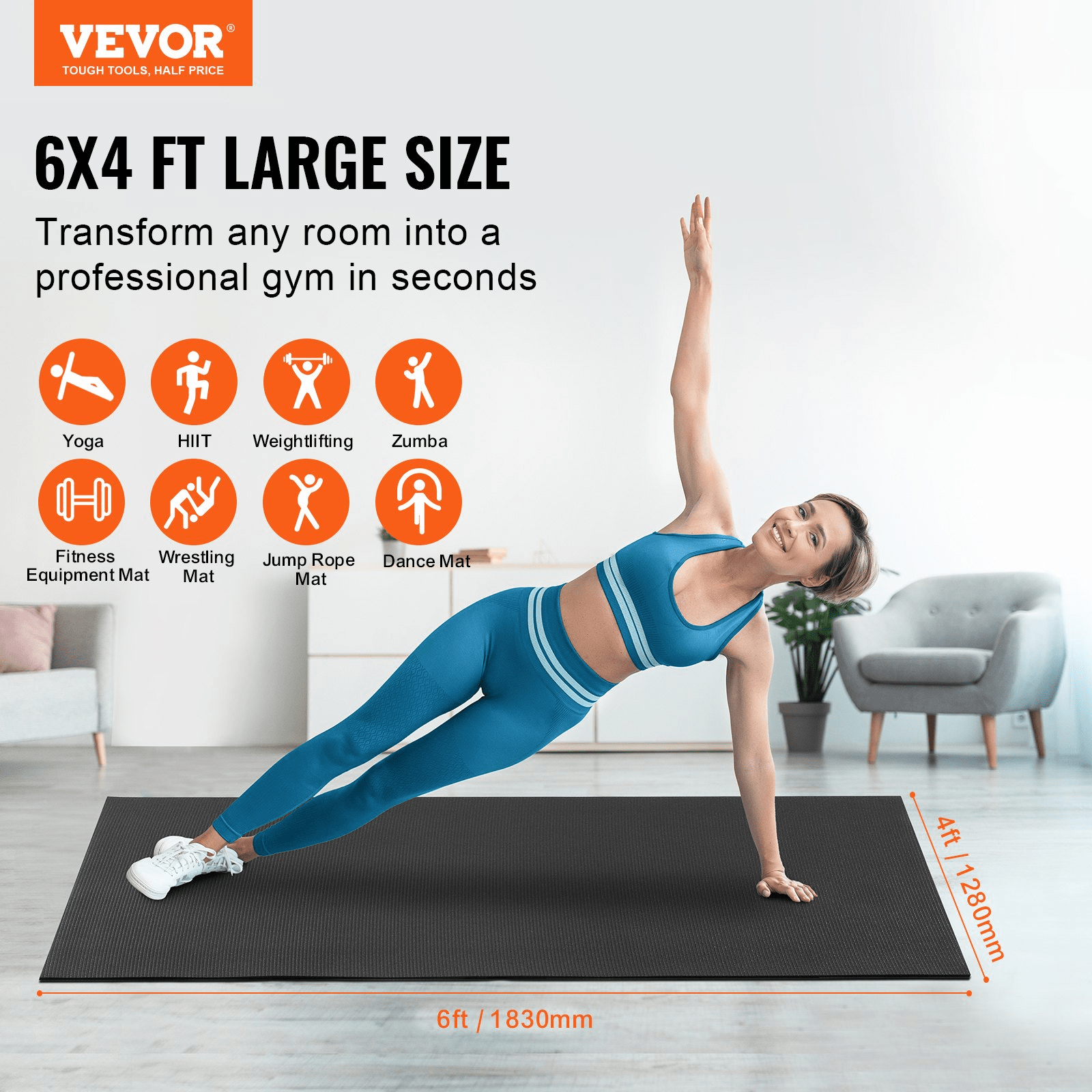 Large Yoga Mat 6x4 by VEVOR – Non‑Slip, High‑Density Fitness Floor Mat - fitness & gym accessories