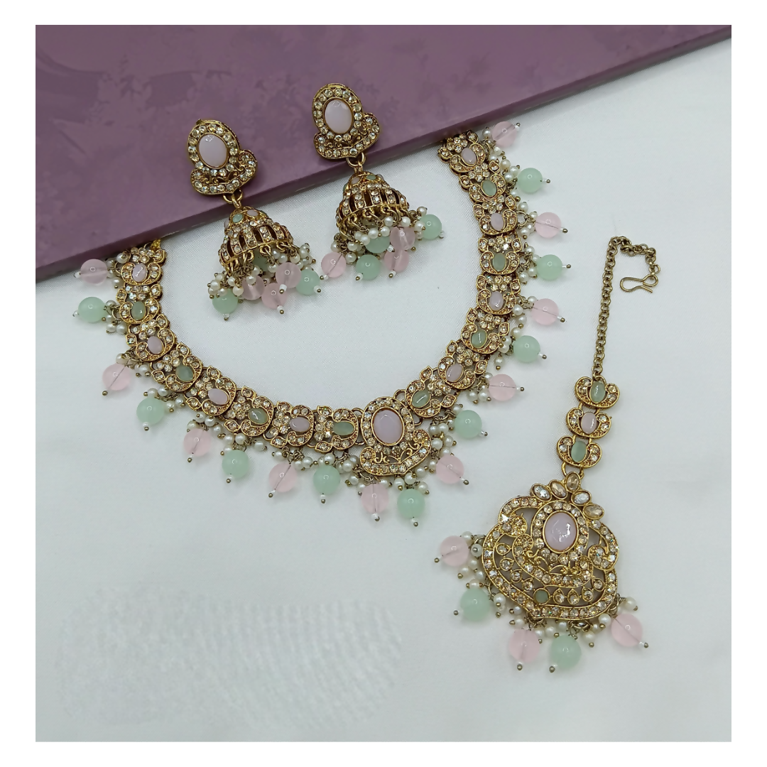 Joban Fashion L.Pink-Sea Green Stone Work Necklace Set