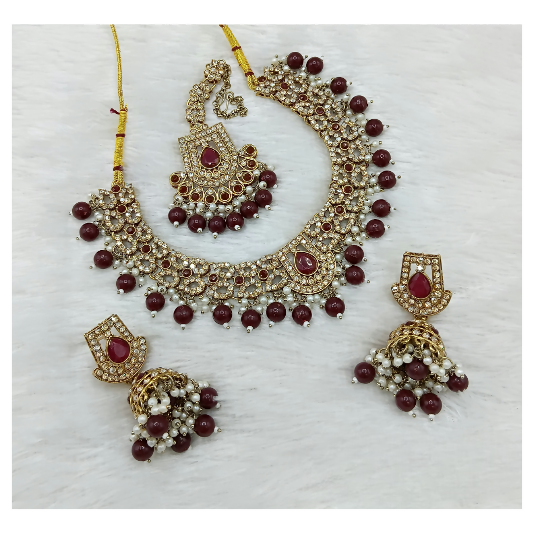 Joban Fashion Maroon Stone Work Necklace Set