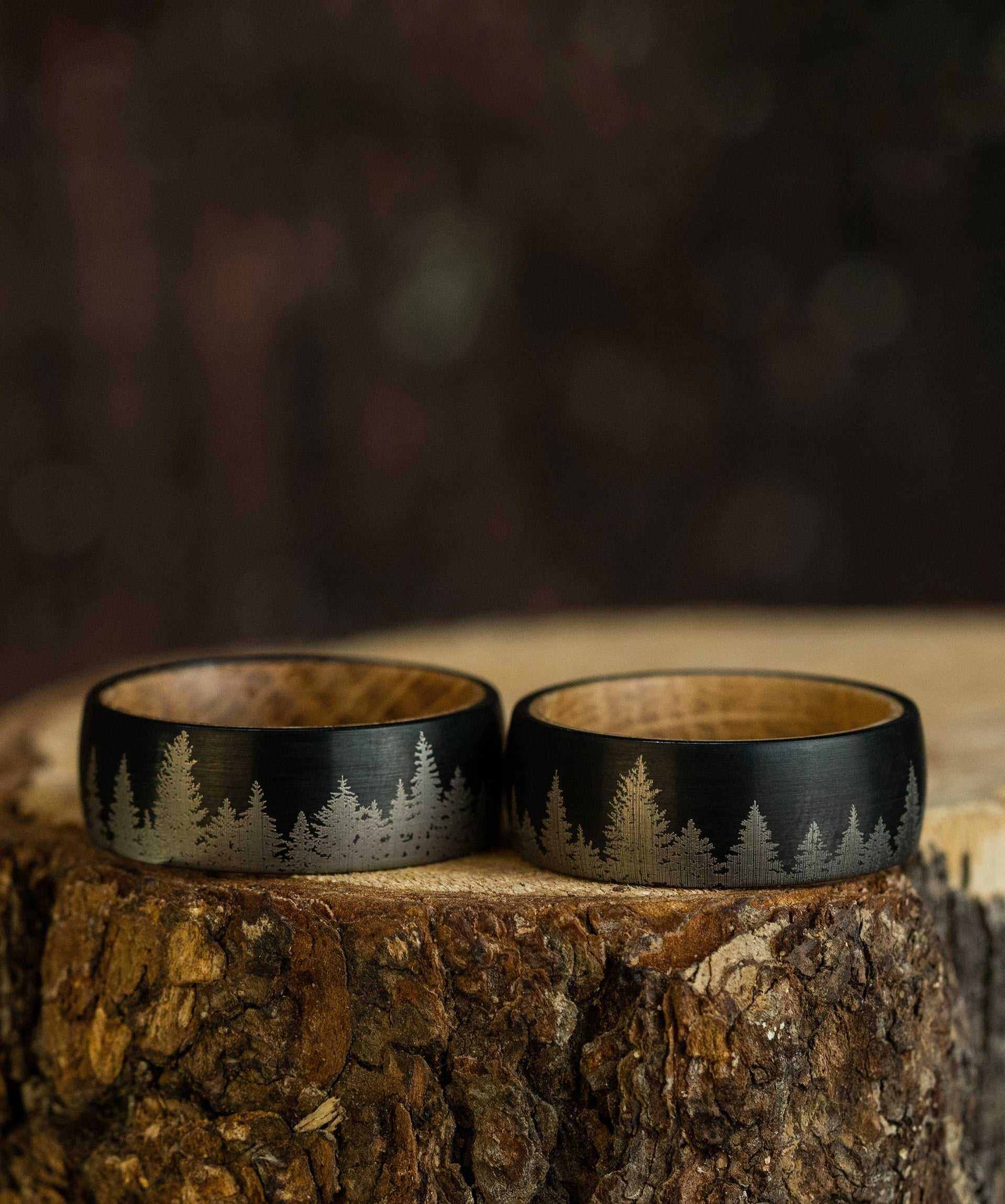 Pine Tree Forest Whiskey Barrel Tungsten Carbide Ring