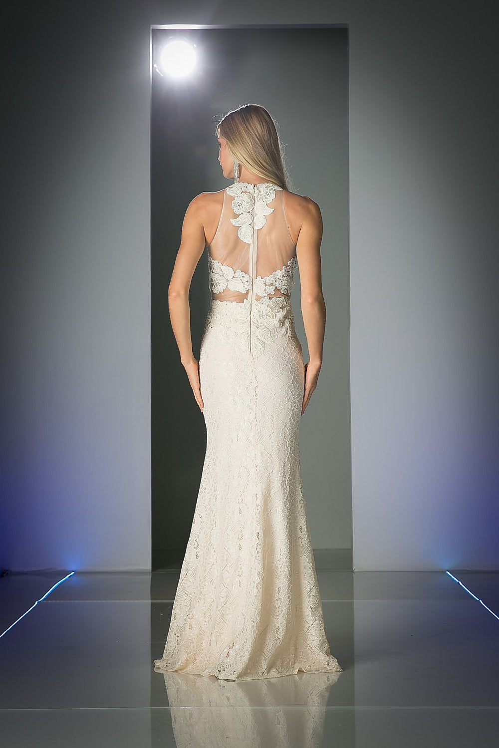 Cinderella Divine 1586 Halter Lace Appliques Mock Two-Piece Gown by DiscountDressShop