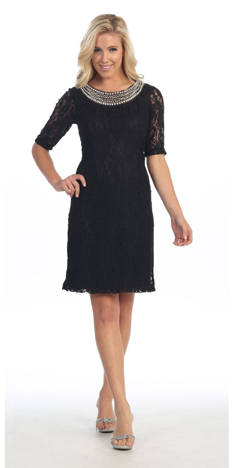 CLEARANCE - Modest Coral Knee Length Semi Formal Dress Short Sleeve Pearl Neck (Size XL, 3XL) by DiscountDressShop